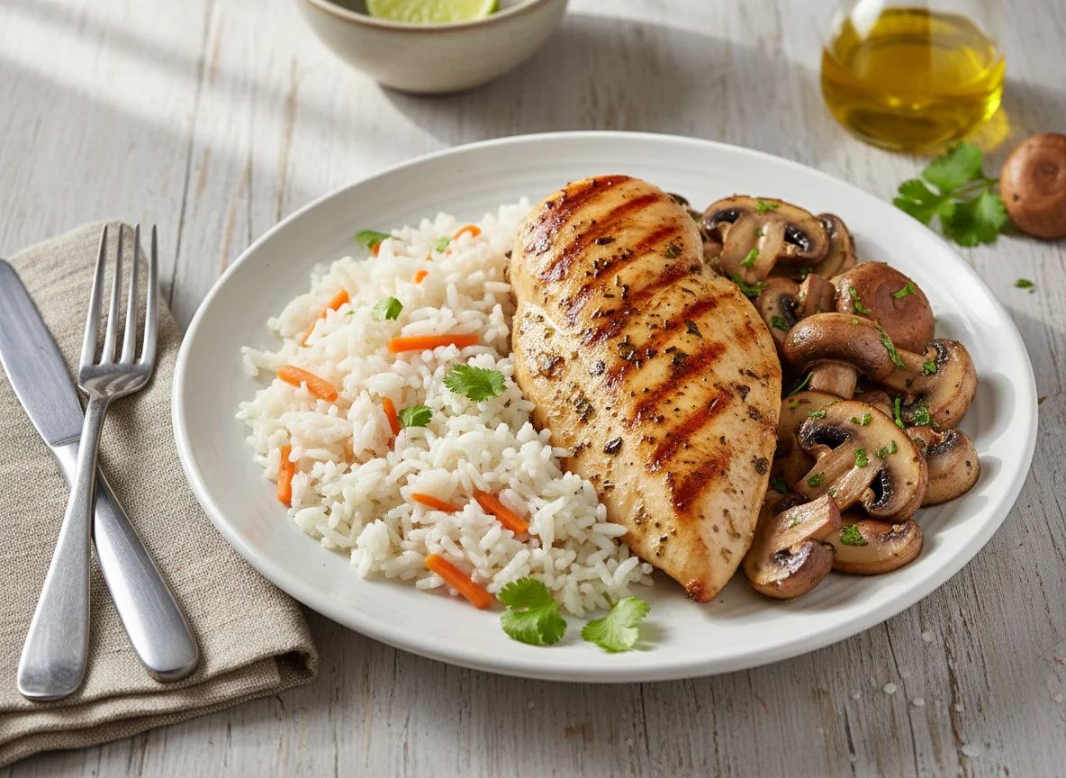 Pechuga de pollo con arroz y champiñones photo