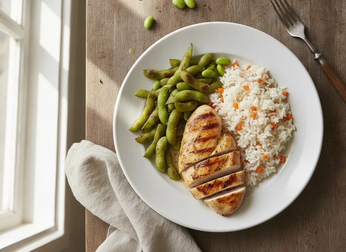 Pechuga de pollo con arroz y edamames photo