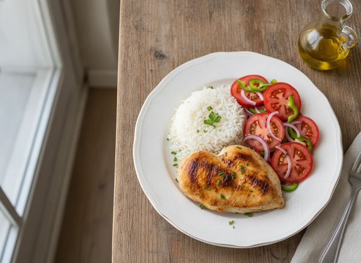 Pechuga de pollo con arroz y ensalada de tomate photo