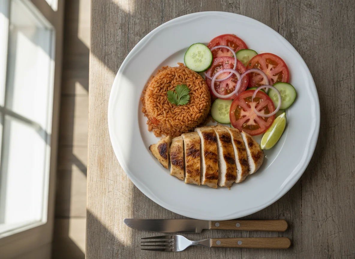 Pechuga de pollo con arroz y ensalada photo