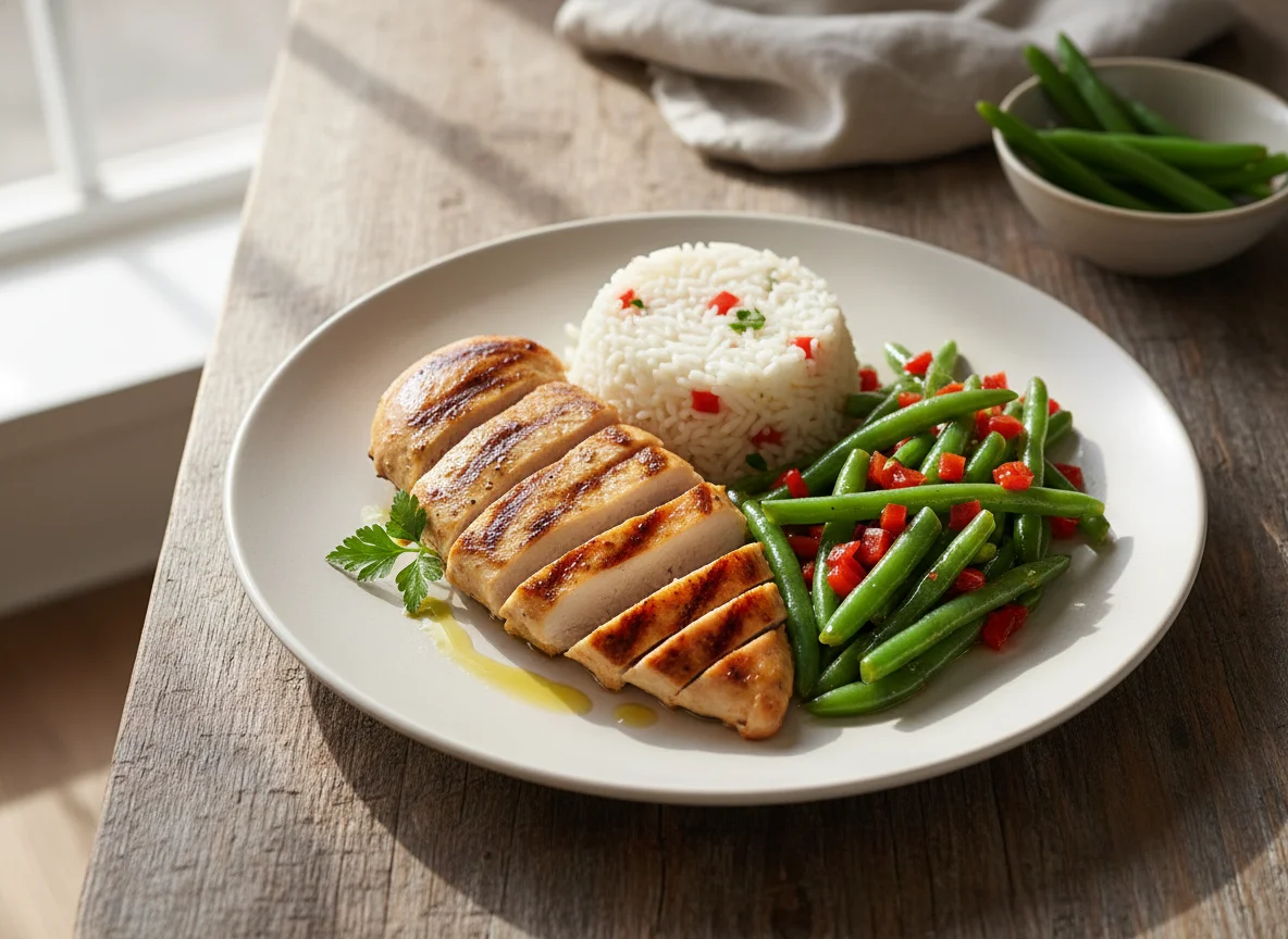 Pechuga de pollo con arroz y judías verdes photo
