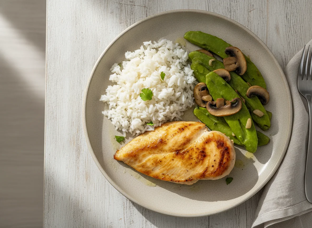 Pechuga de pollo con arroz y nopales con champiñones photo