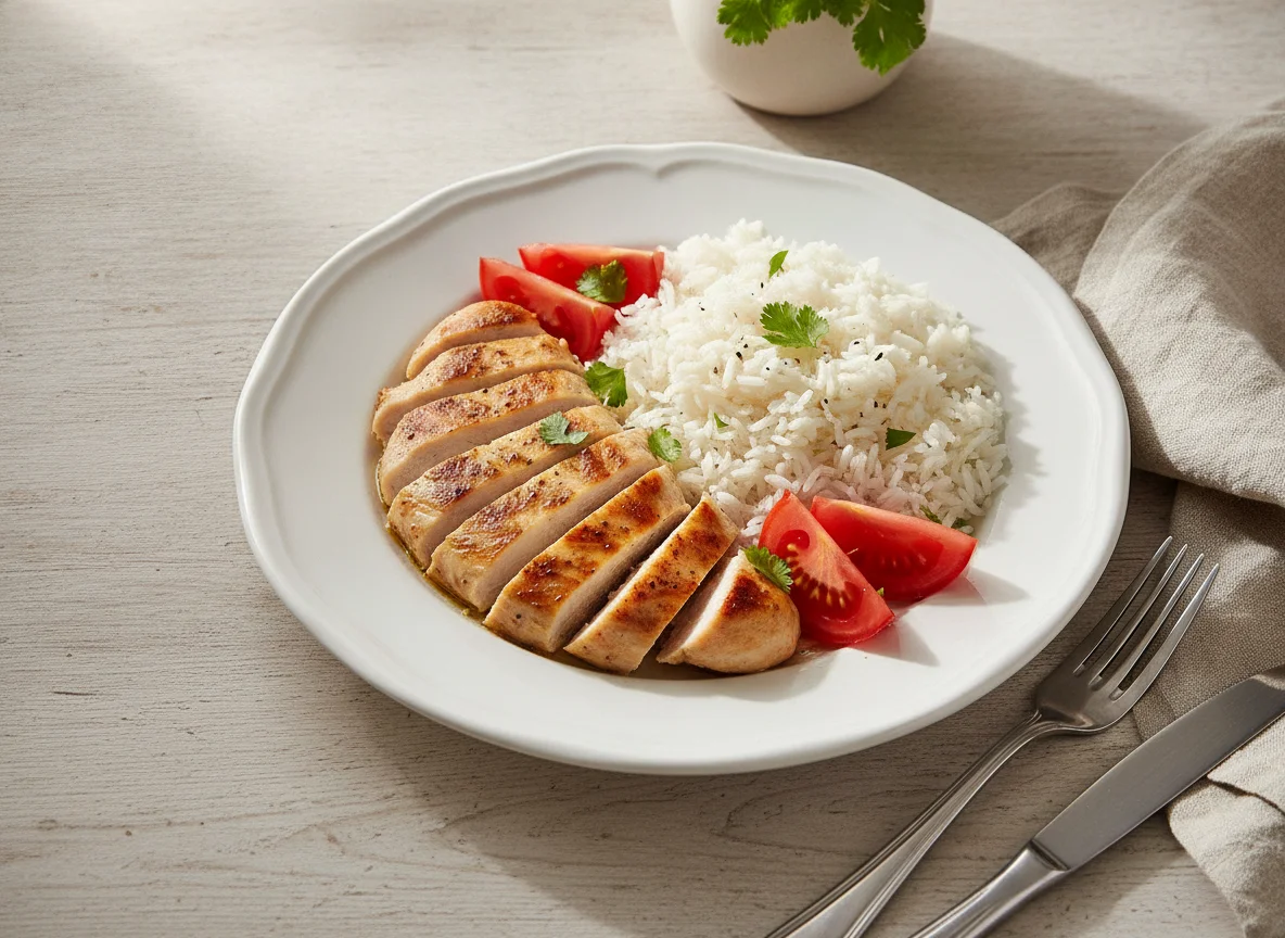 Pechuga de pollo con arroz y tomate photo
