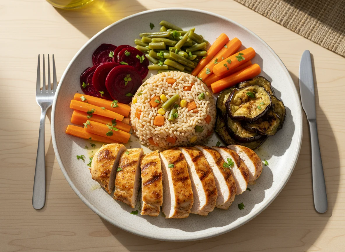 Pechuga de pollo con arroz y vegetales photo