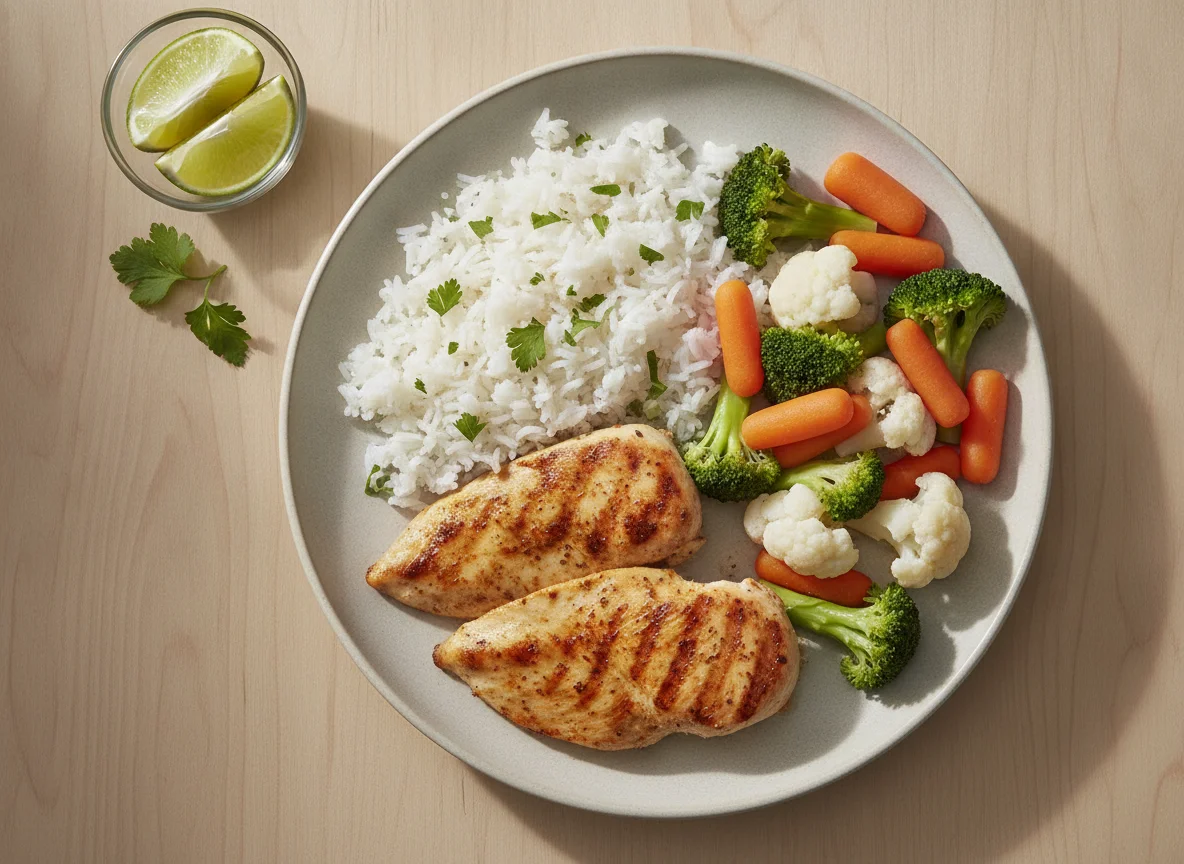 Pechuga de pollo con arroz y verduras al vapor photo
