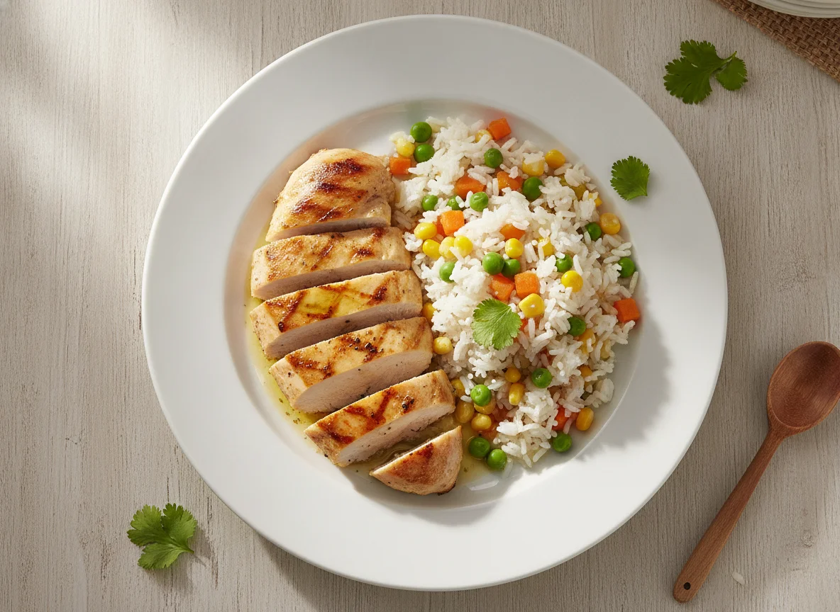 Pechuga de pollo con arroz y verduras photo