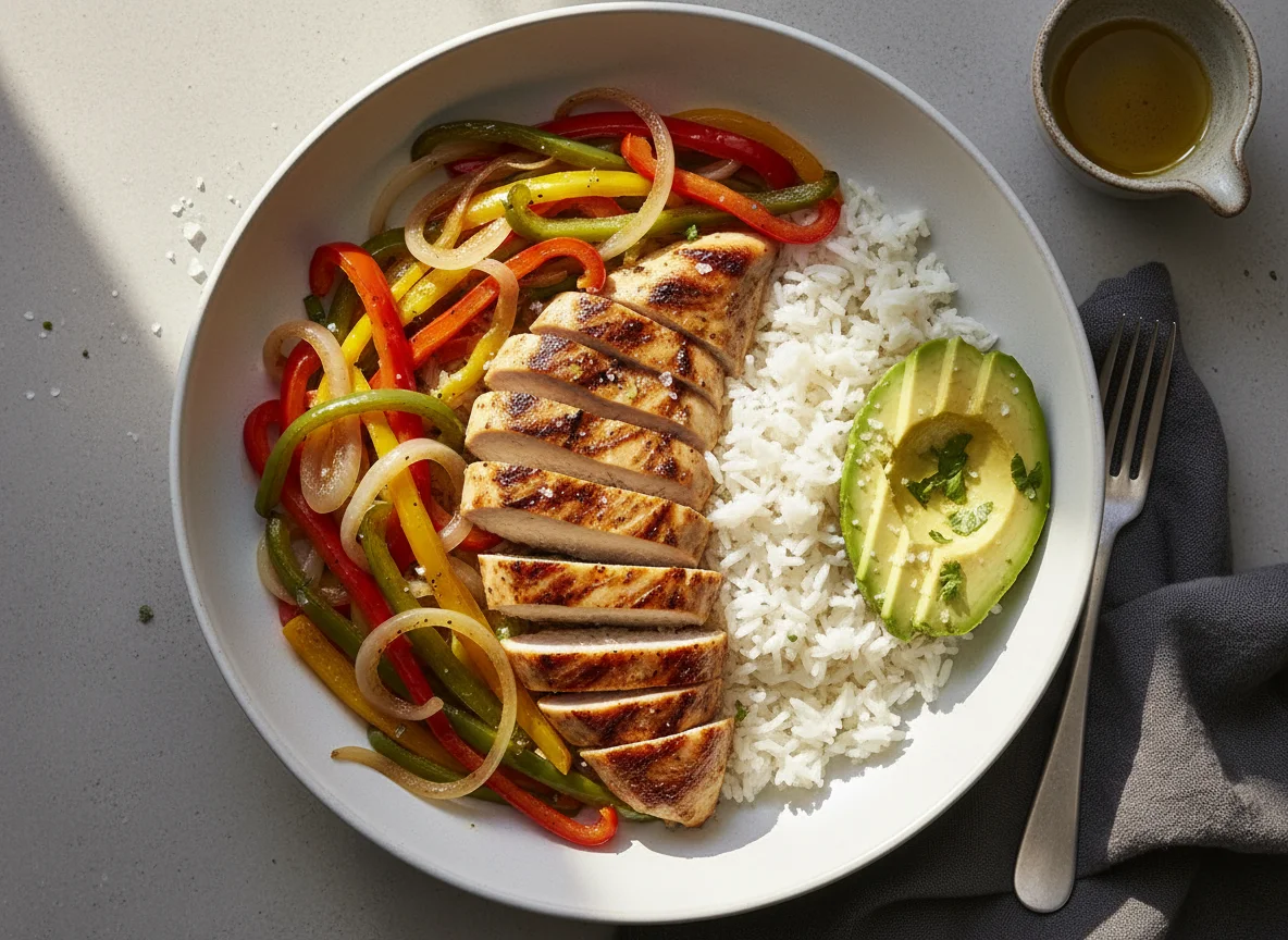 Pechuga de pollo con arroz y verduras salteadas photo