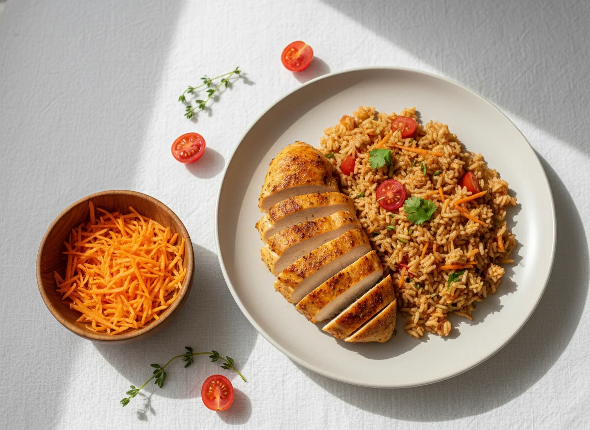 Pechuga de pollo con arroz y zanahoria photo