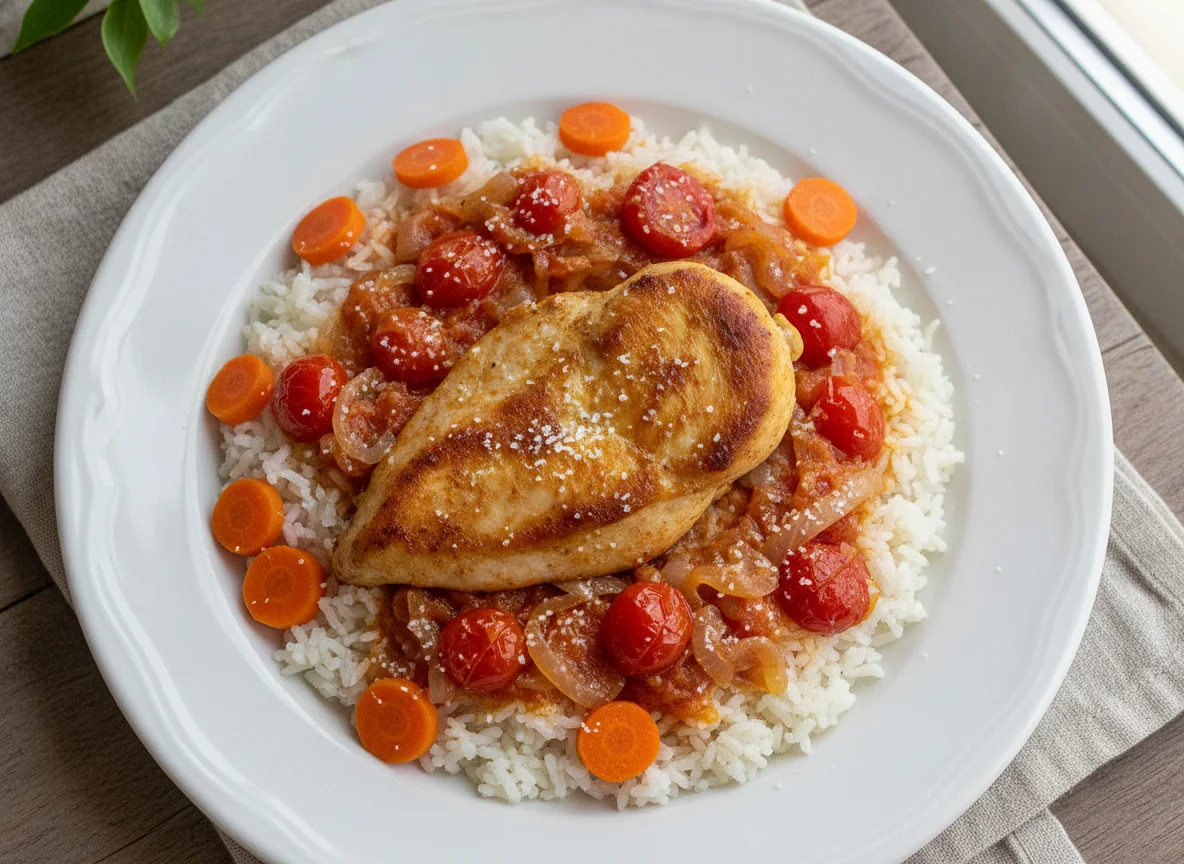 Pechuga de pollo con arroz, zanahoria y salsa de tomate y cebolla photo