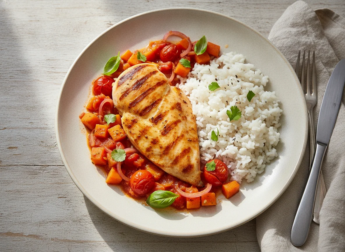 Pechuga de pollo con arroz, zanahoria y salsa de tomate photo