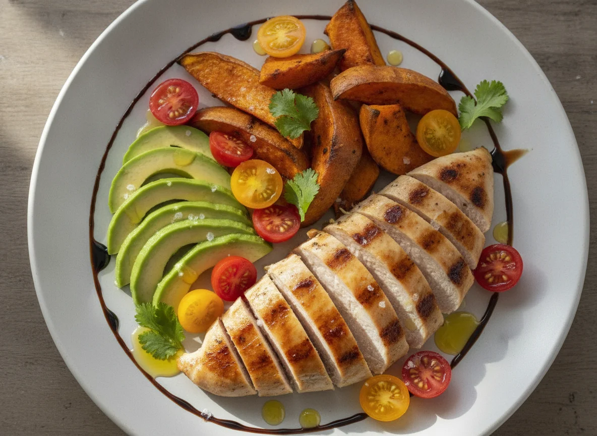 Pechuga de pollo con batata asada, aguacate y tomate photo