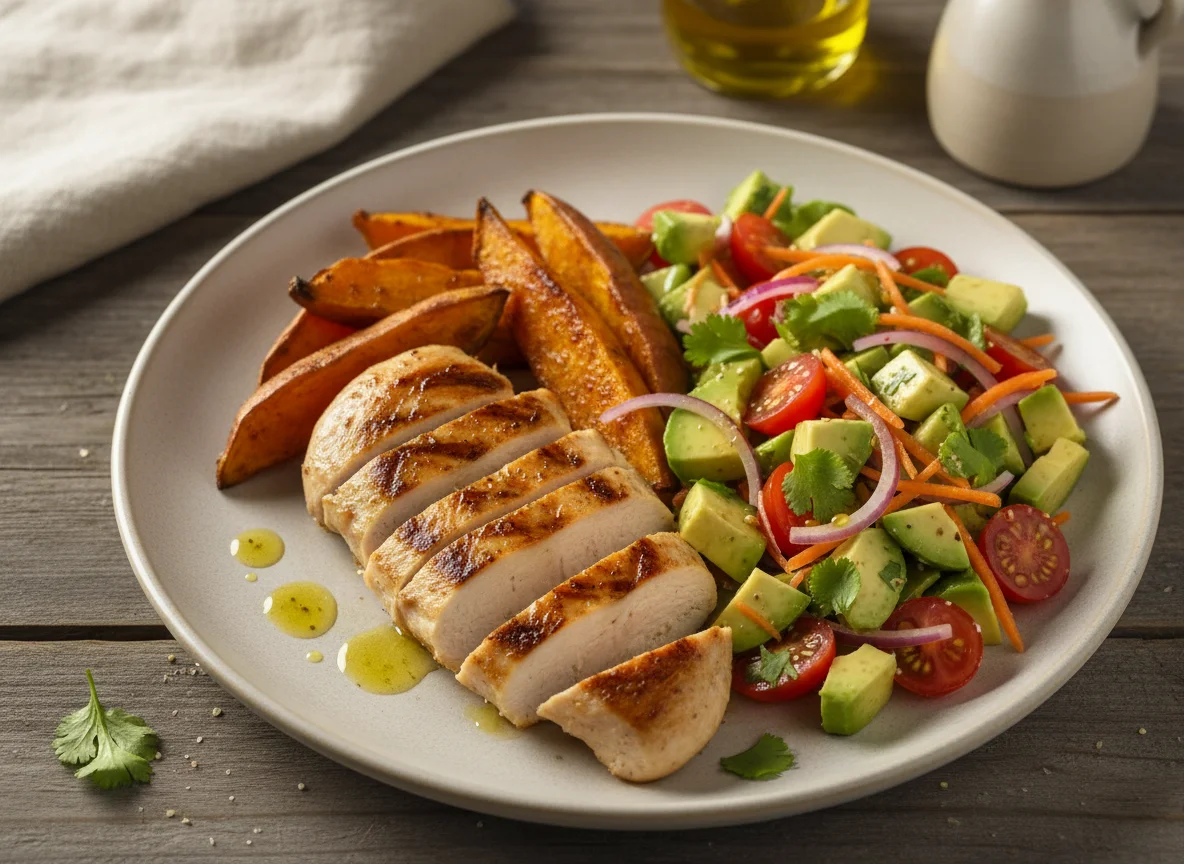 Pechuga de pollo con boniato y ensalada de aguacate photo