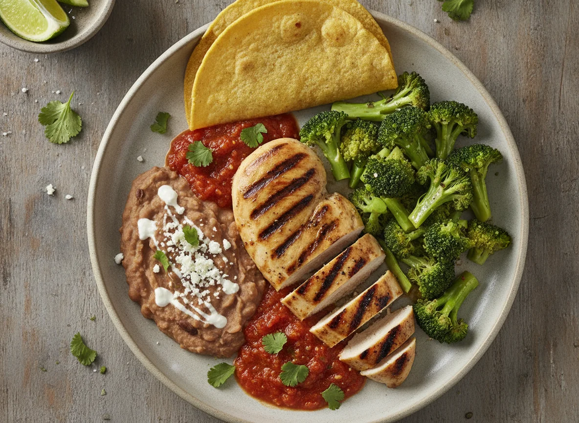 Pechuga de pollo con brócoli, salsa de tomate, frijoles refritos y tortilla photo