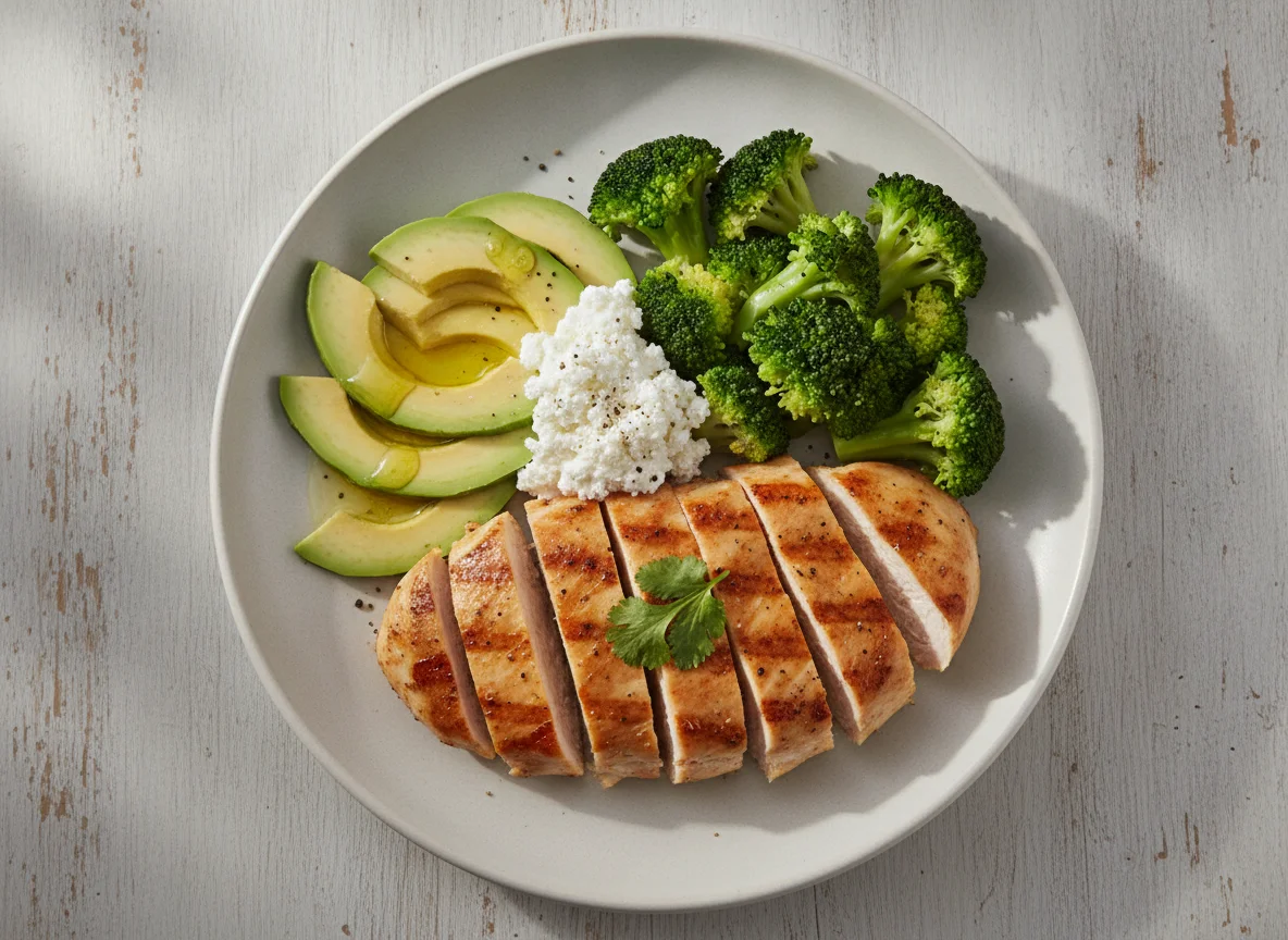 Pechuga de pollo con brócoli y aguacate photo