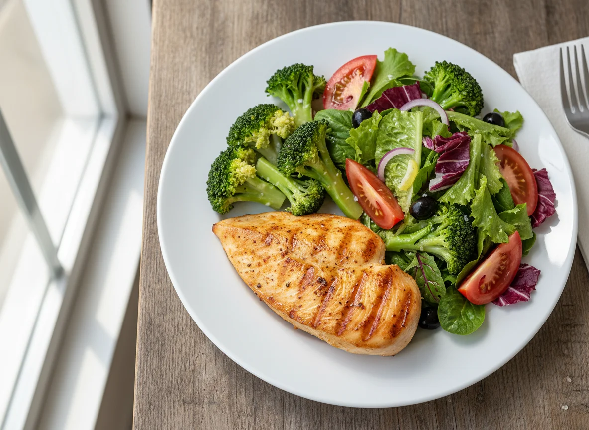 Pechuga de pollo con brócoli y ensalada photo
