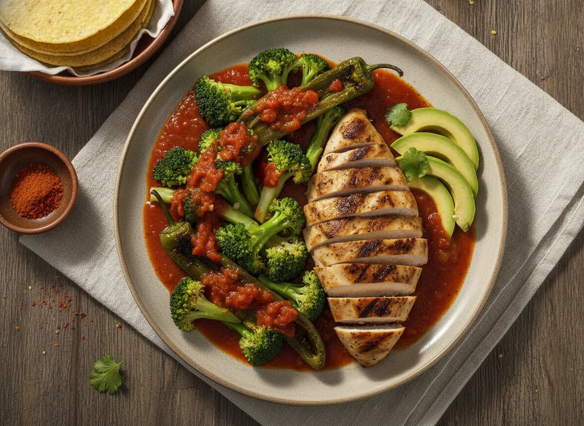 Pechuga de pollo con brócoli y salsa roja photo