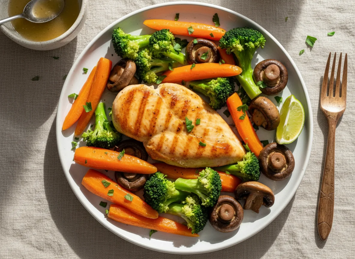 Pechuga de pollo con brócoli, zanahoria y champiñones photo
