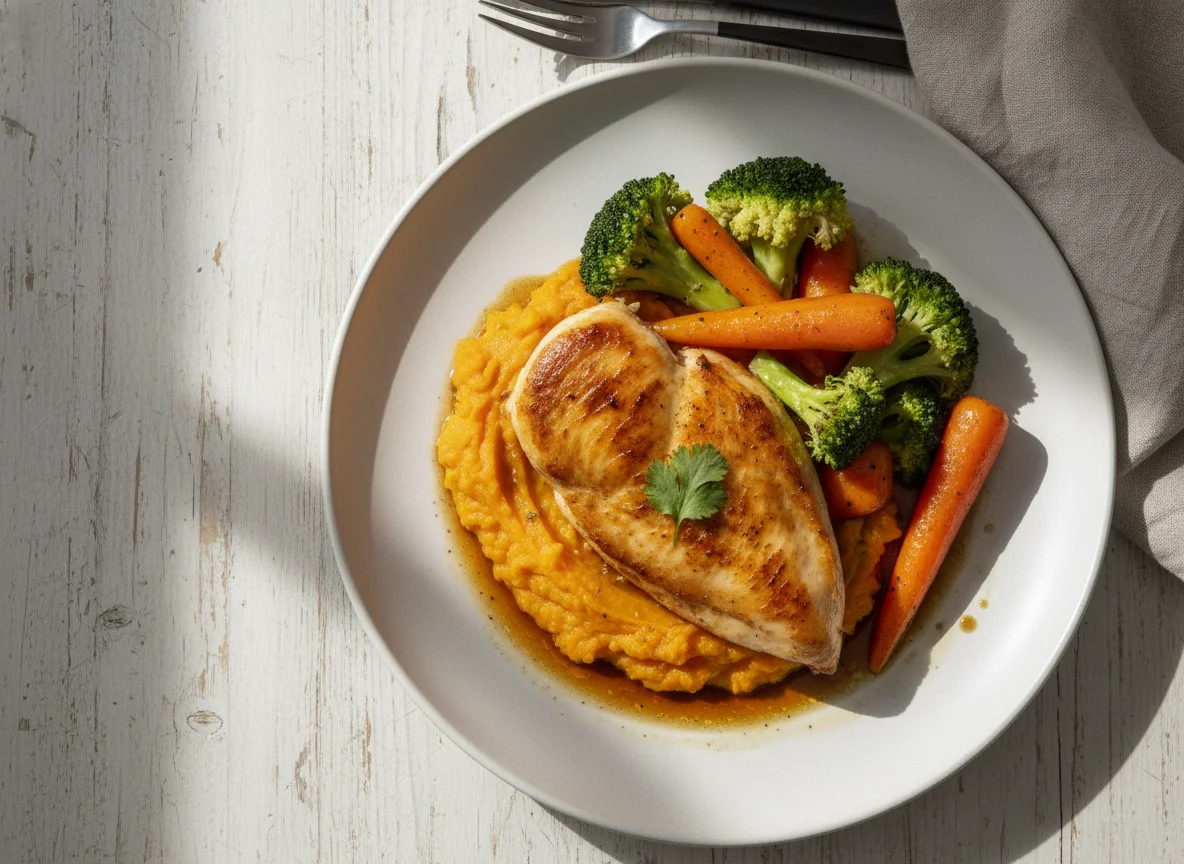 Pechuga de pollo con brócoli, zanahorias y puré de boniato photo
