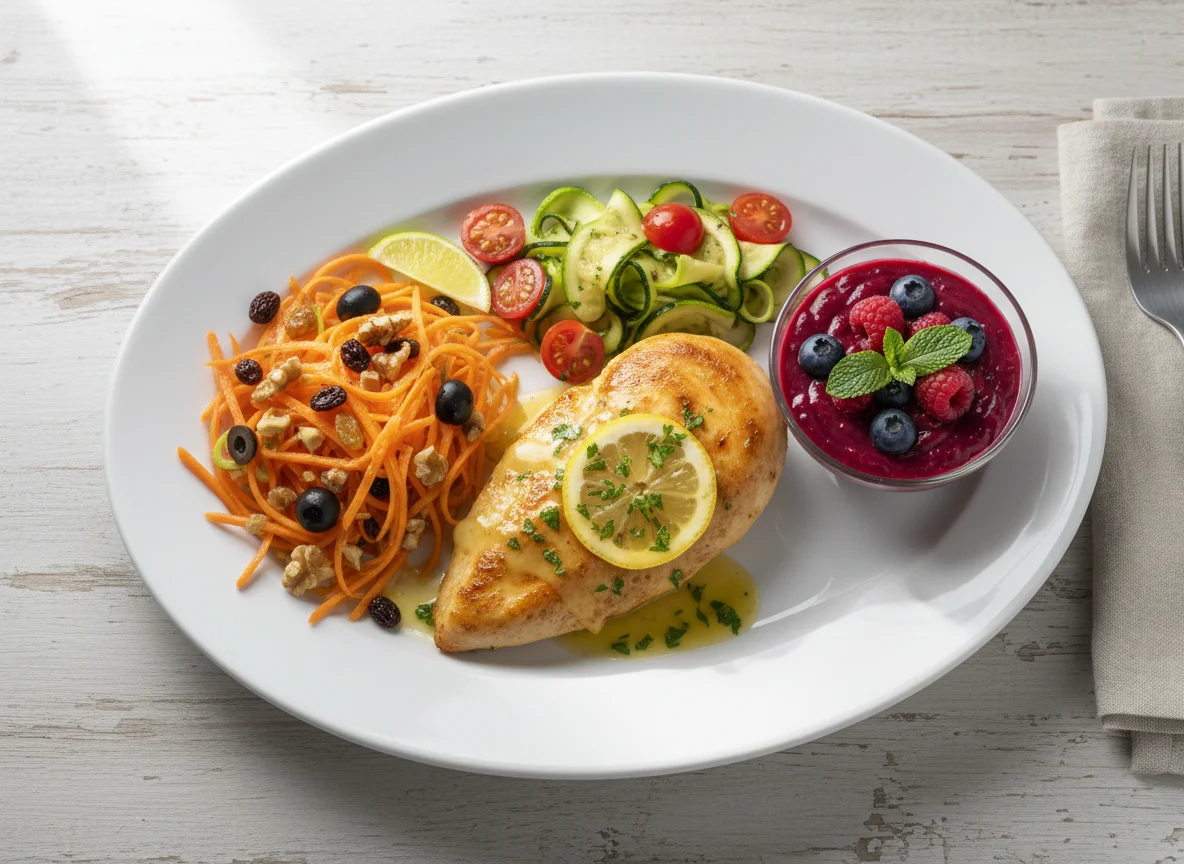 Pechuga de pollo con calabacín, ensalada de zanahoria y postre de frutos rojos photo