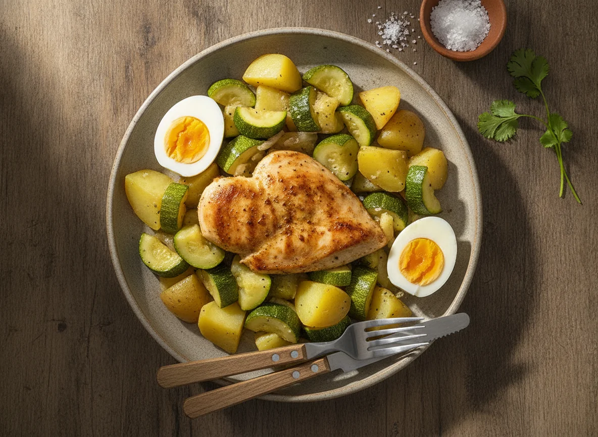 Pechuga de pollo con calabacitas, papas y huevos cocidos photo