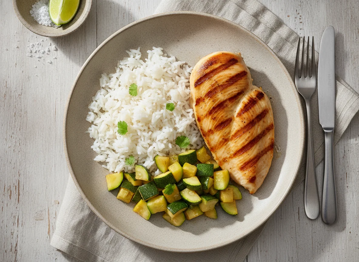 Pechuga de pollo con calabacitas y arroz blanco photo
