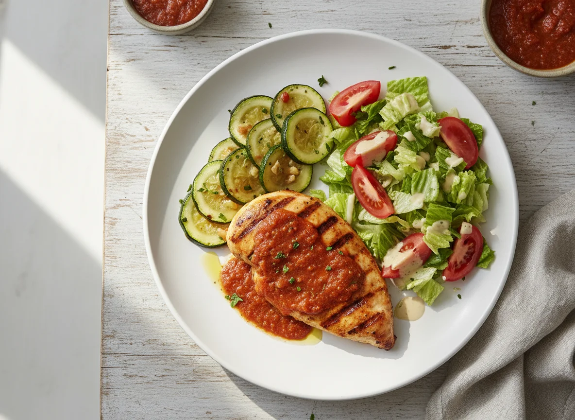 Pechuga de pollo con calabacitas y ensalada photo