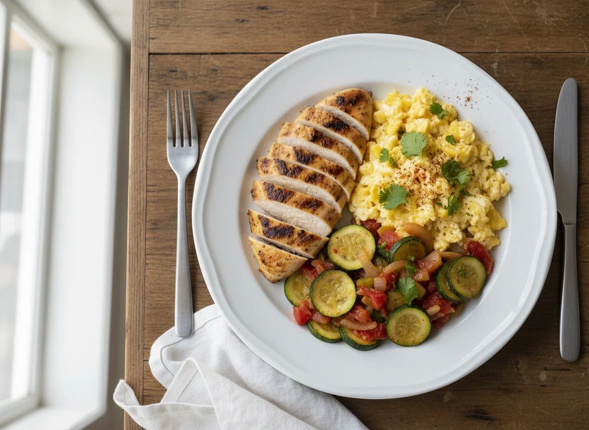 Pechuga de pollo con calabacitas y huevos revueltos photo