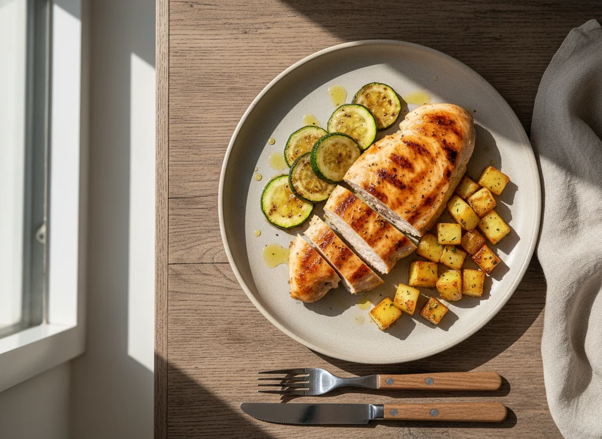 Pechuga de pollo con calabacitas y papas photo