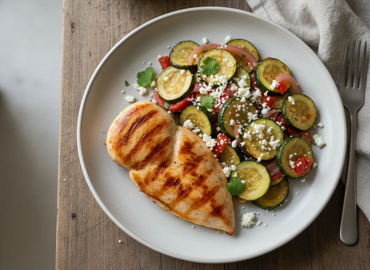 Pechuga de pollo con calabacitas y queso fresco photo