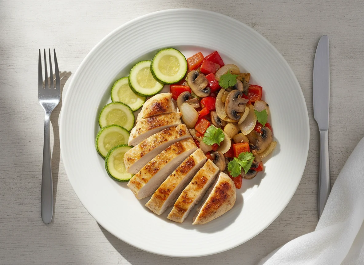Pechuga de pollo con calabacitas y salteado de vegetales photo
