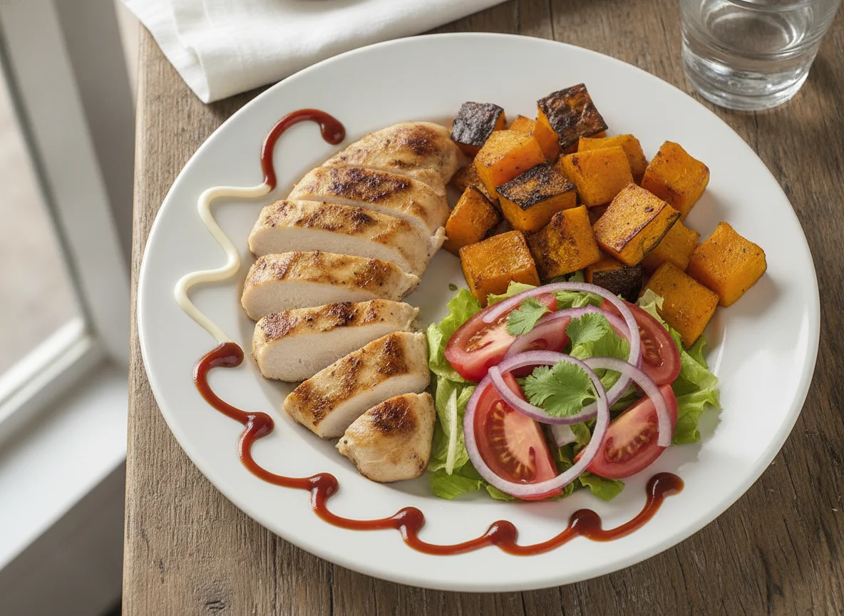Pechuga de pollo con calabaza y ensalada photo