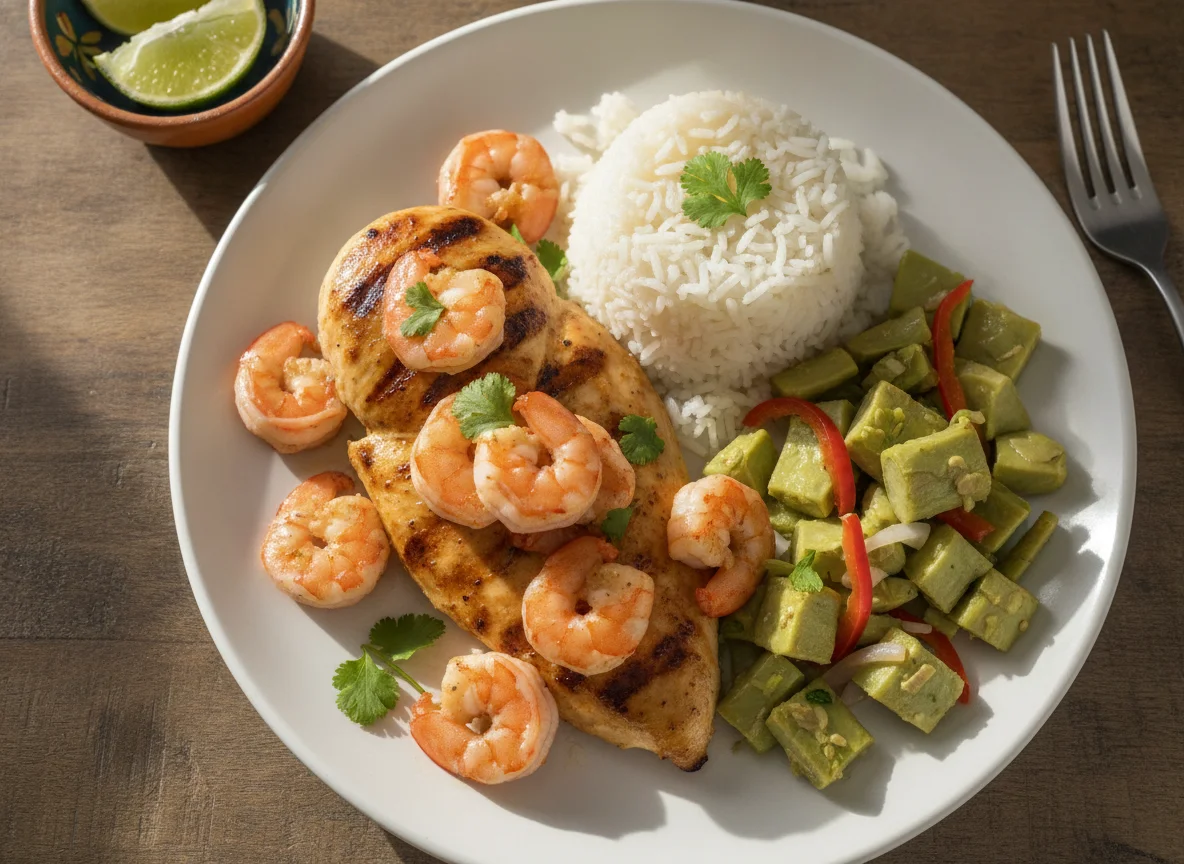 Pechuga de pollo con camarones, arroz y nopales photo