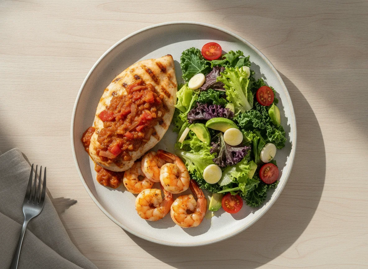 Pechuga de pollo con camarones y ensalada mixta photo