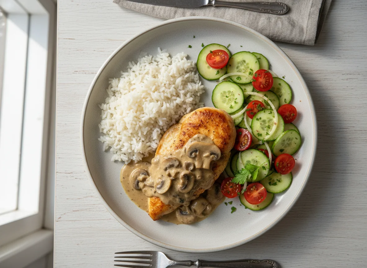 Pechuga de pollo con champiñones, arroz blanco y ensalada de pepino y tomate photo