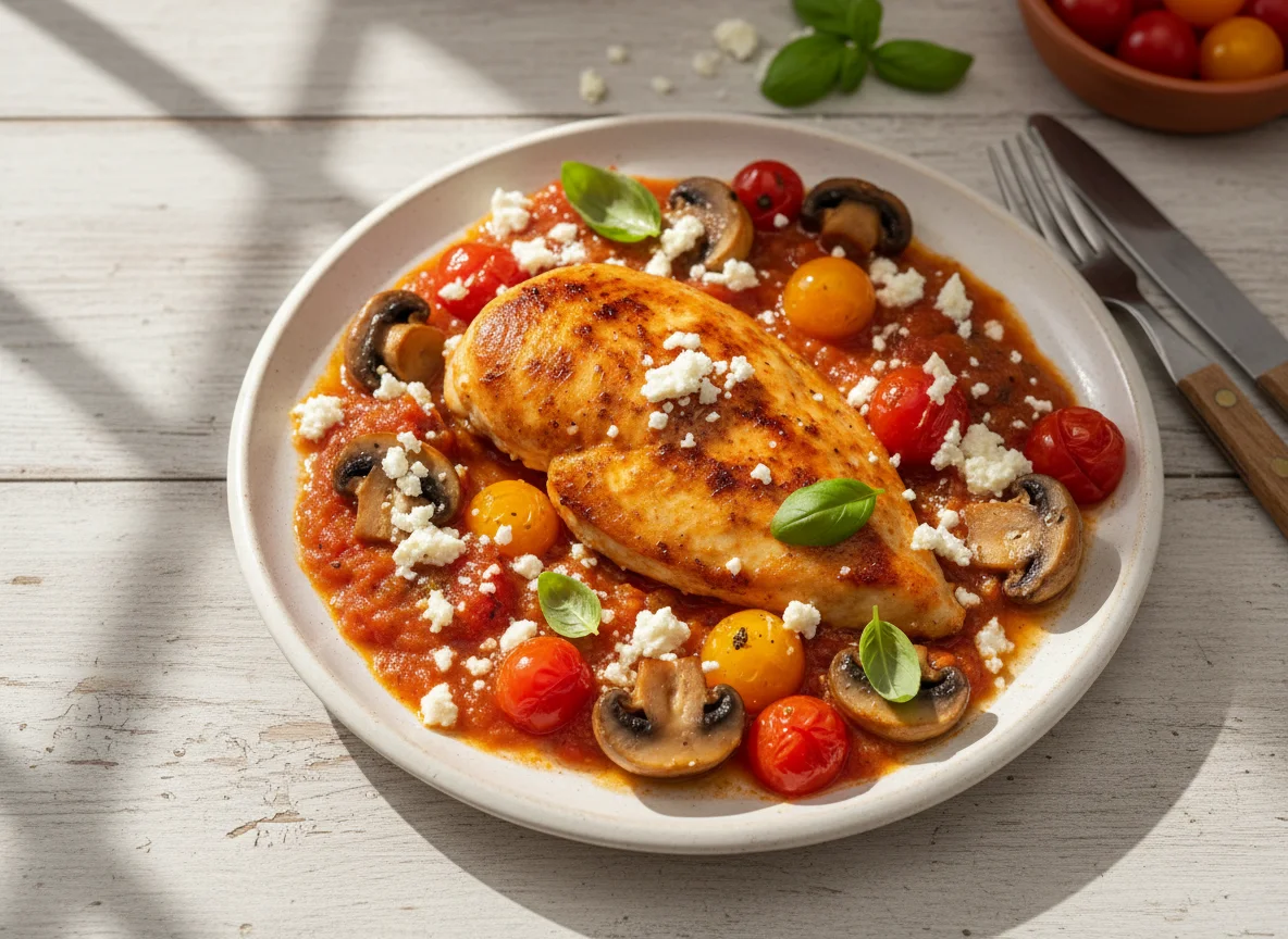 Pechuga de pollo con champiñones, tomates cherry y queso fresco photo