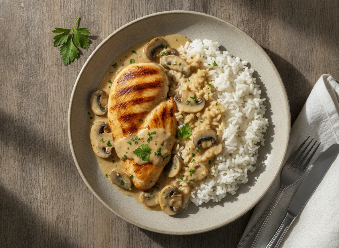 Pechuga de pollo con champiñones y arroz blanco photo