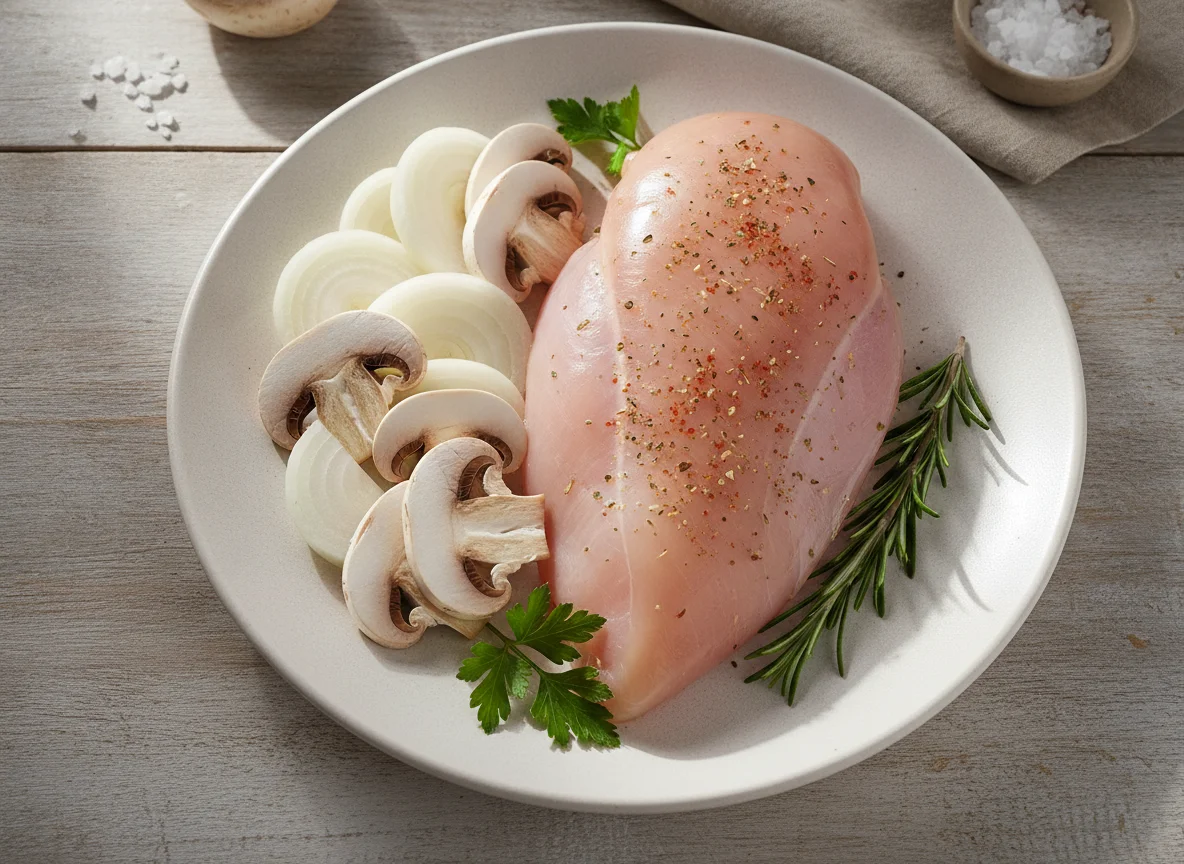 Pechuga de pollo con champiñones y cebolla photo