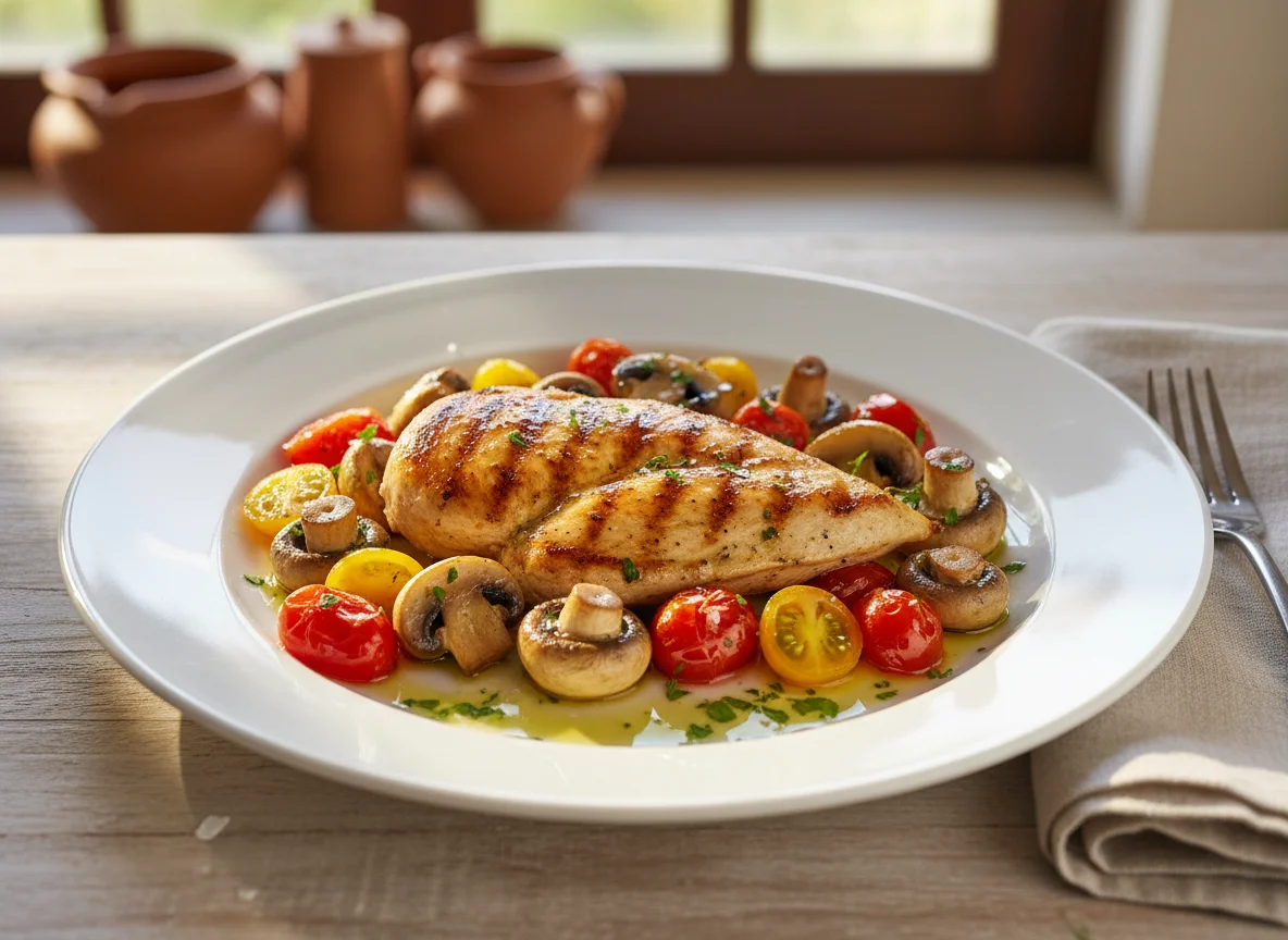 Pechuga de pollo con champiñones y tomates cherry photo