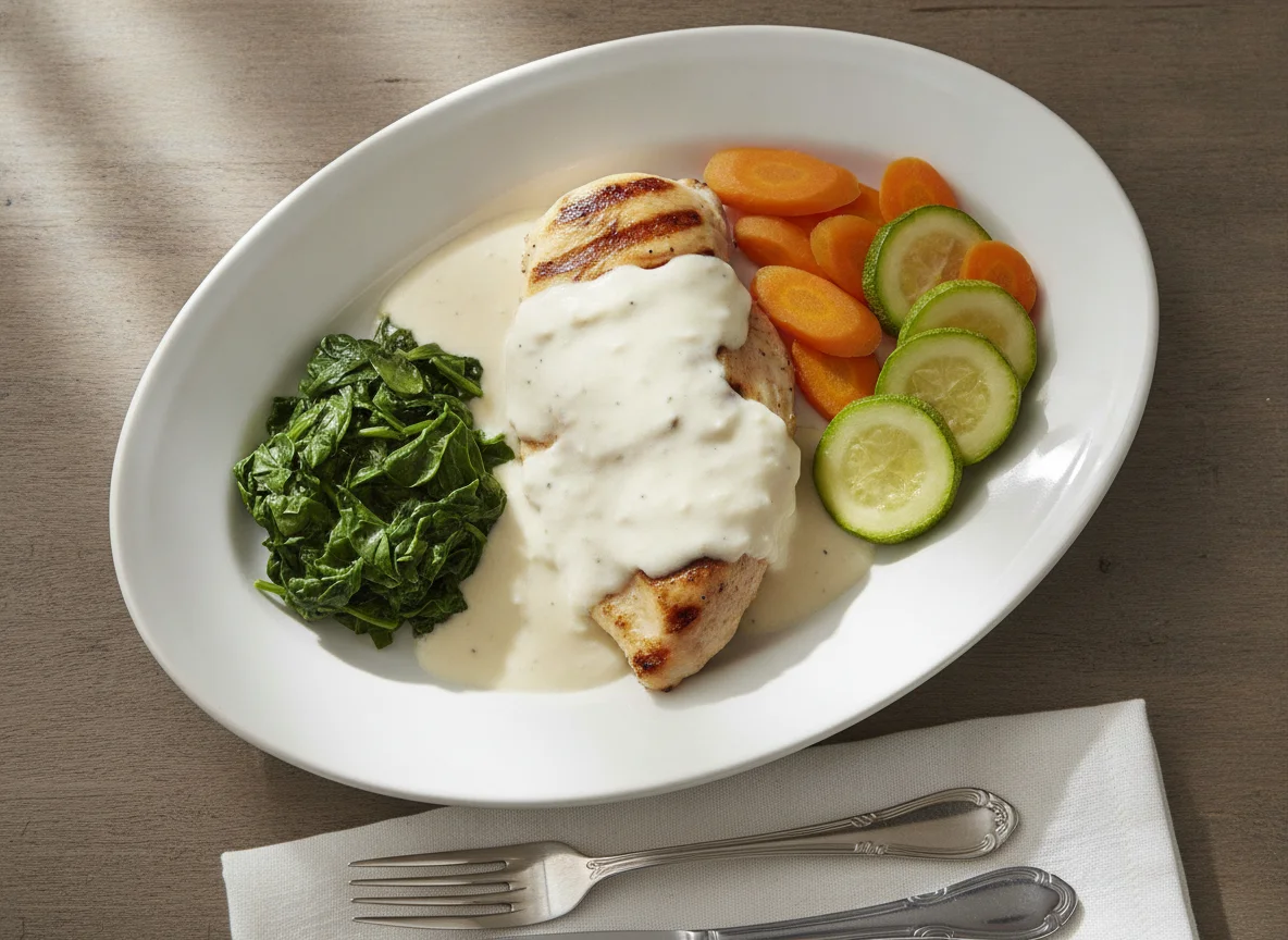 Pechuga de pollo con crema y verduras al vapor photo