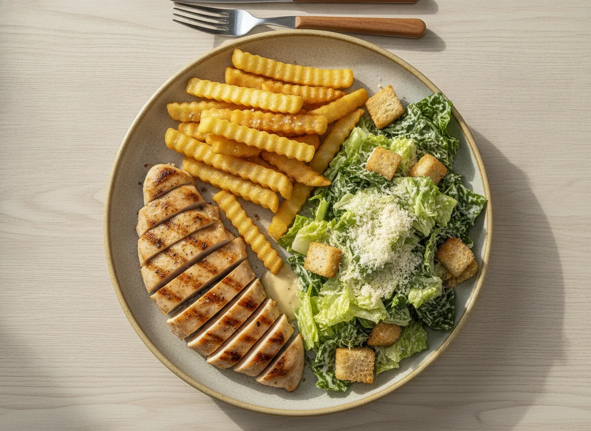 Pechuga de pollo con ensalada Caesar y papas fritas photo