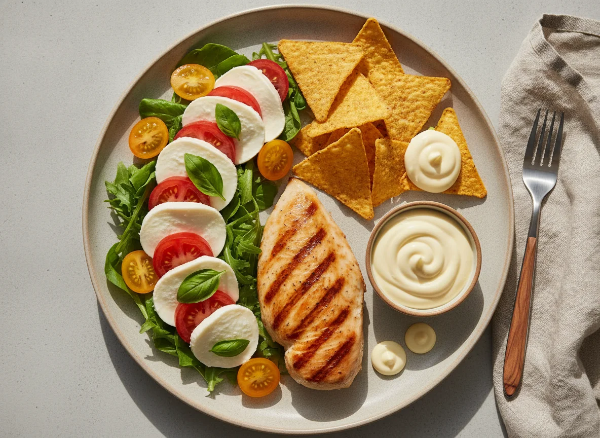 Pechuga de pollo con ensalada caprese, nachos y mayonesa photo