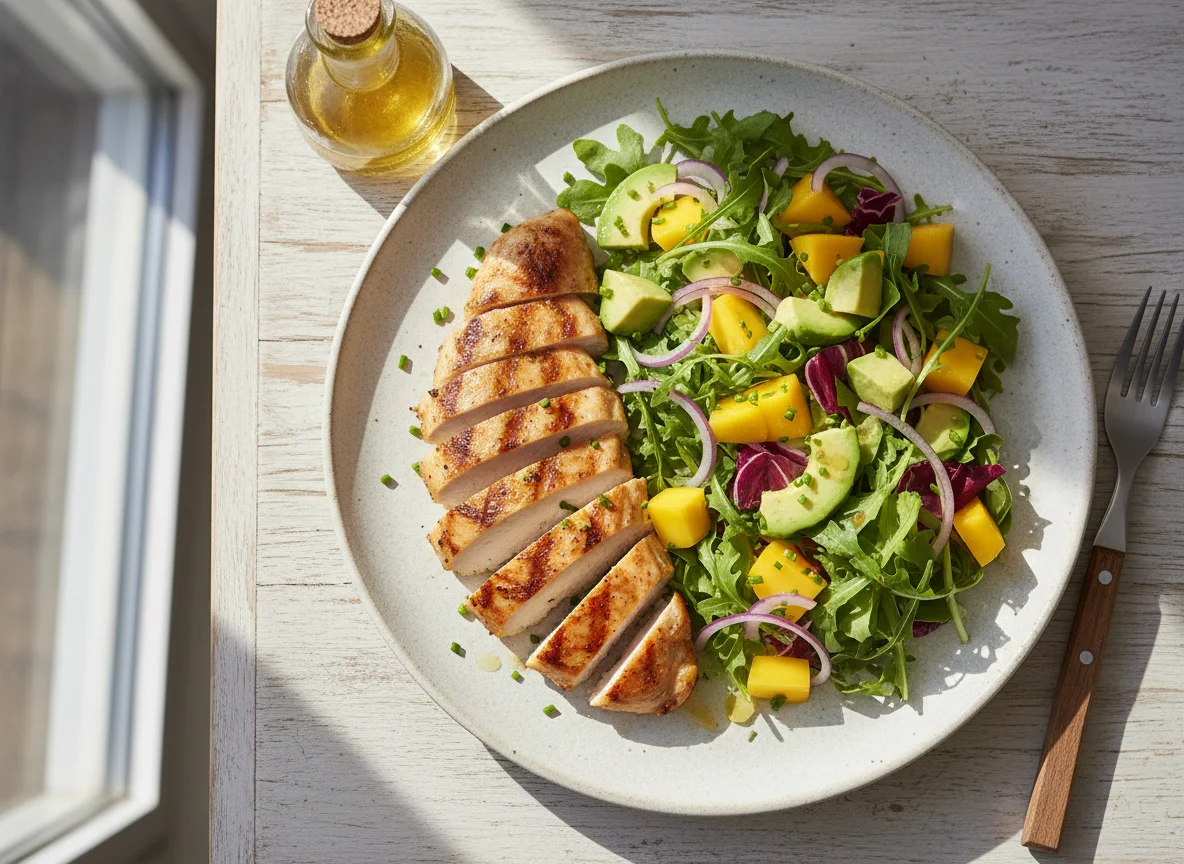 Pechuga de pollo con ensalada de aguacate y mango photo