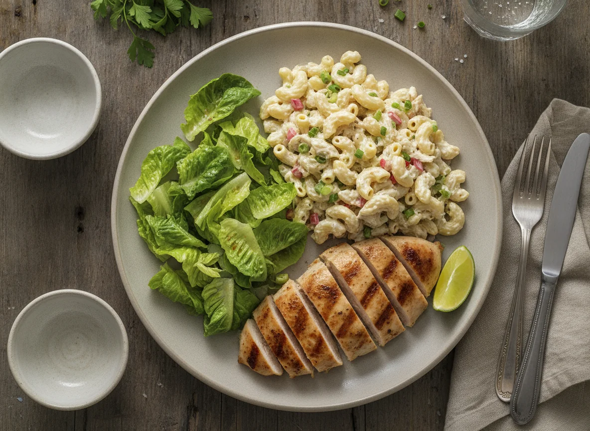 Pechuga de pollo con ensalada de coditos y lechuga photo