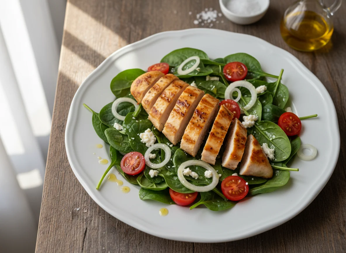 Pechuga de pollo con ensalada de espinacas y queso fresco photo