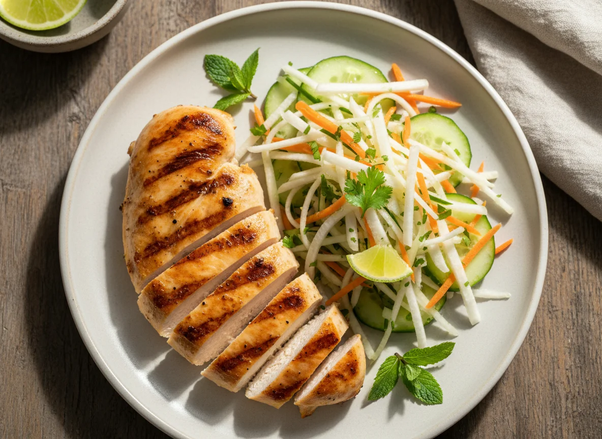 Pechuga de pollo con ensalada de jícama, pepino y zanahoria photo