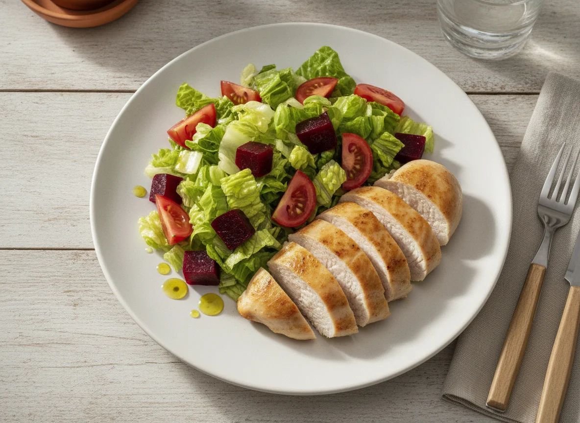 Pechuga de pollo con ensalada de lechuga, tomate y betarraga photo