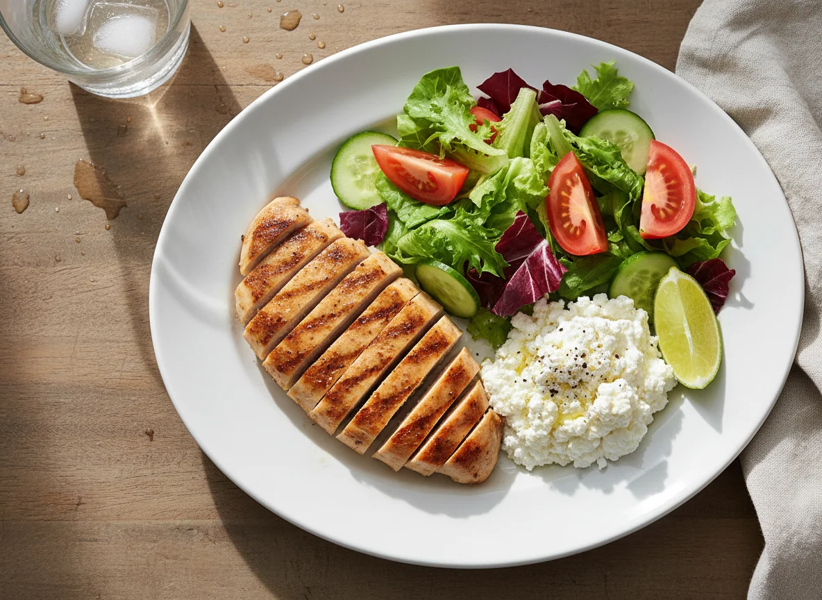 Pechuga de pollo con ensalada de lechuga y queso cottage photo