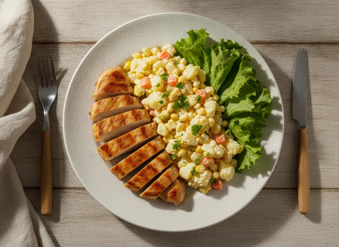 Pechuga de pollo con ensalada de papas y lechuga photo