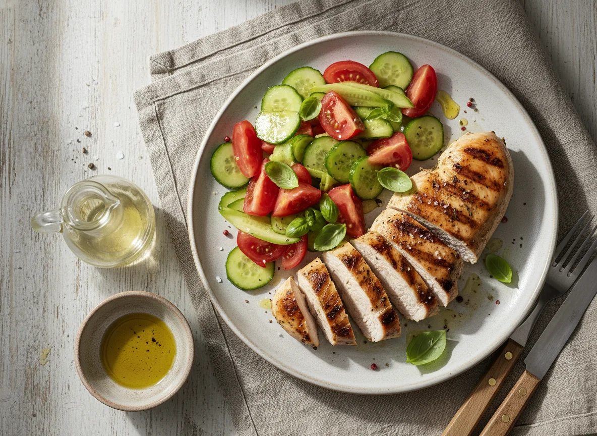 Pechuga de pollo con ensalada de tomate y pepino photo