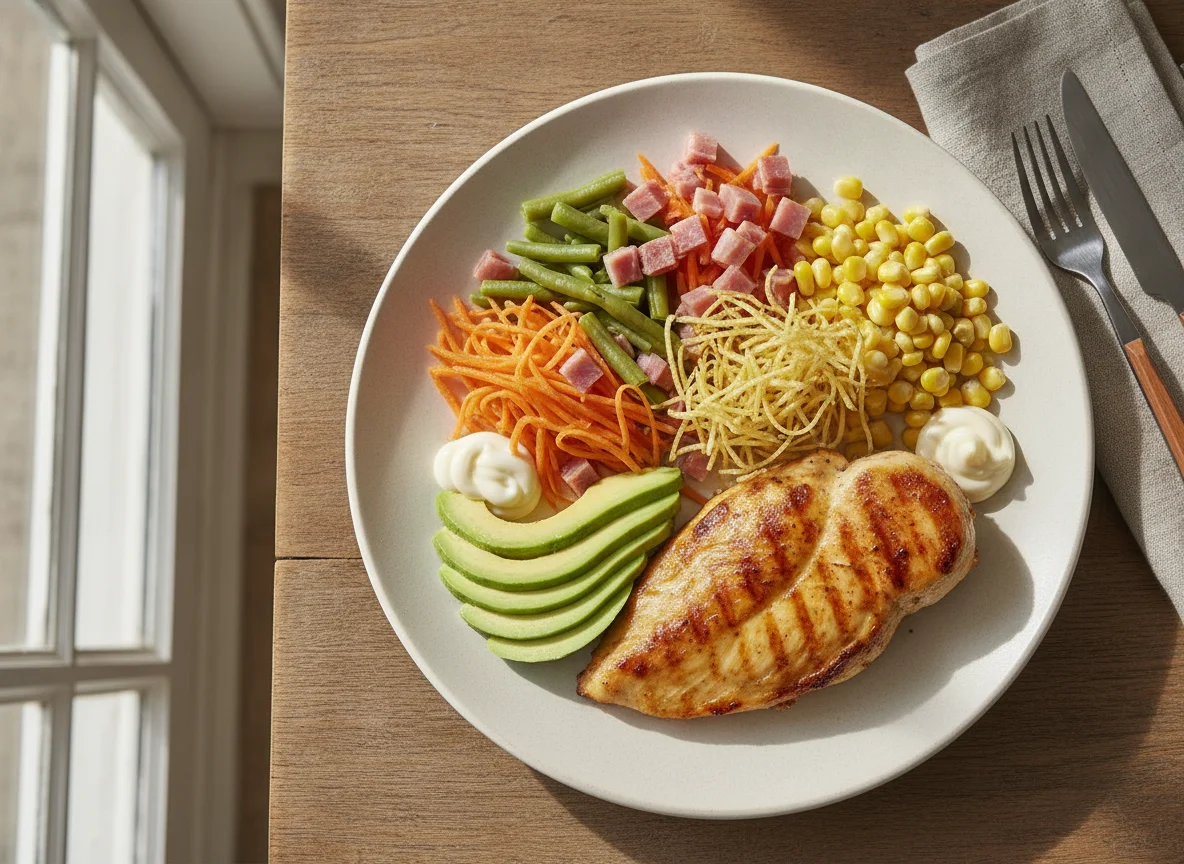 Pechuga de pollo con ensalada de vegetales y aguacate photo